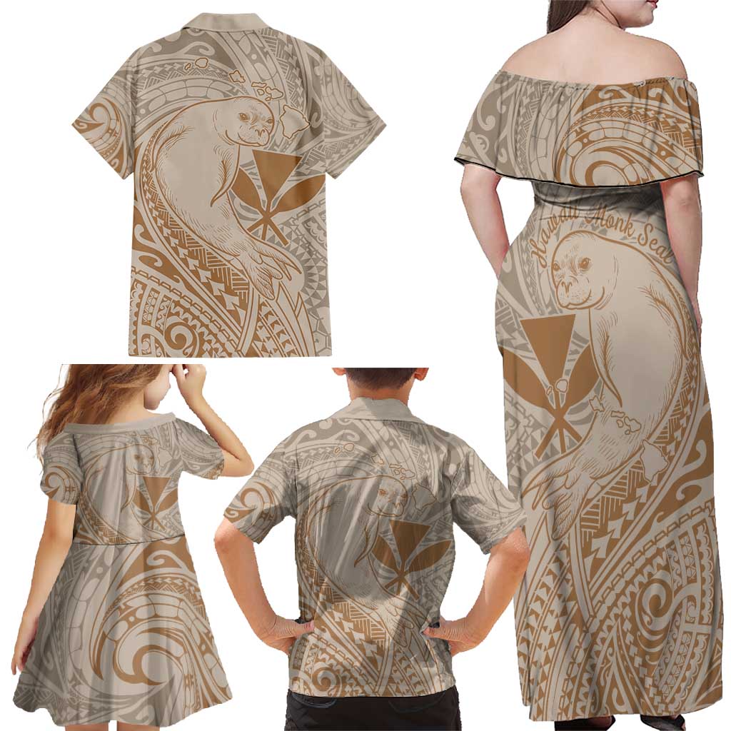 Hawaii Monk Seal and Map Family Matching Off Shoulder Maxi Dress and Hawaiian Shirt Polynesian Kanaka Maoli Beige Vibe LT9 - Polynesian Pride