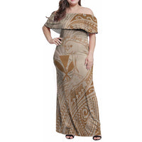 Hawaii Monk Seal and Map Family Matching Off Shoulder Maxi Dress and Hawaiian Shirt Polynesian Kanaka Maoli Beige Vibe LT9 Mom's Dress Beige - Polynesian Pride
