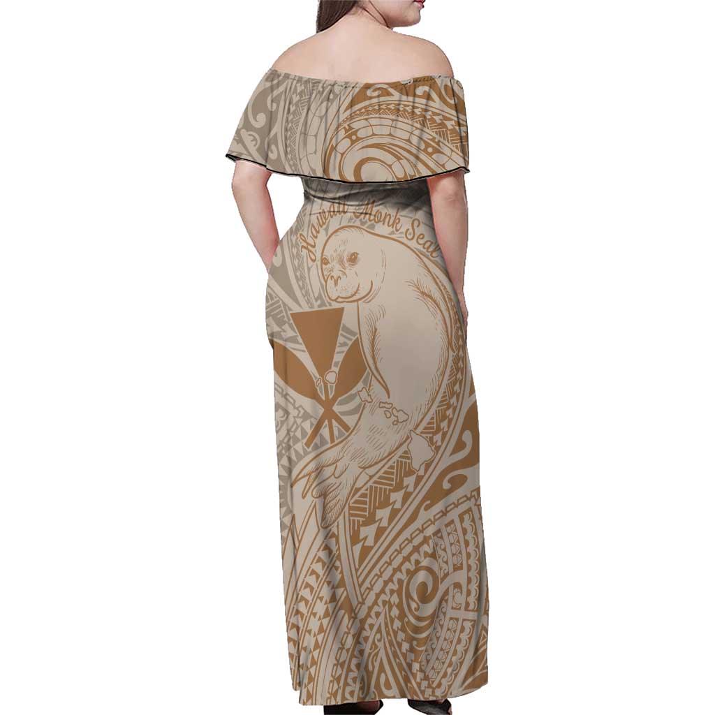 Hawaii Monk Seal and Map Family Matching Off Shoulder Maxi Dress and Hawaiian Shirt Polynesian Kanaka Maoli Beige Vibe LT9 - Polynesian Pride