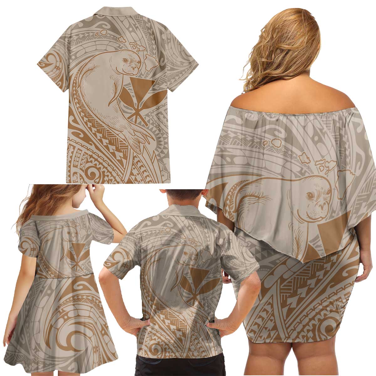 Hawaii Monk Seal and Map Family Matching Off Shoulder Short Dress and Hawaiian Shirt Polynesian Kanaka Maoli Beige Vibe LT9 - Polynesian Pride
