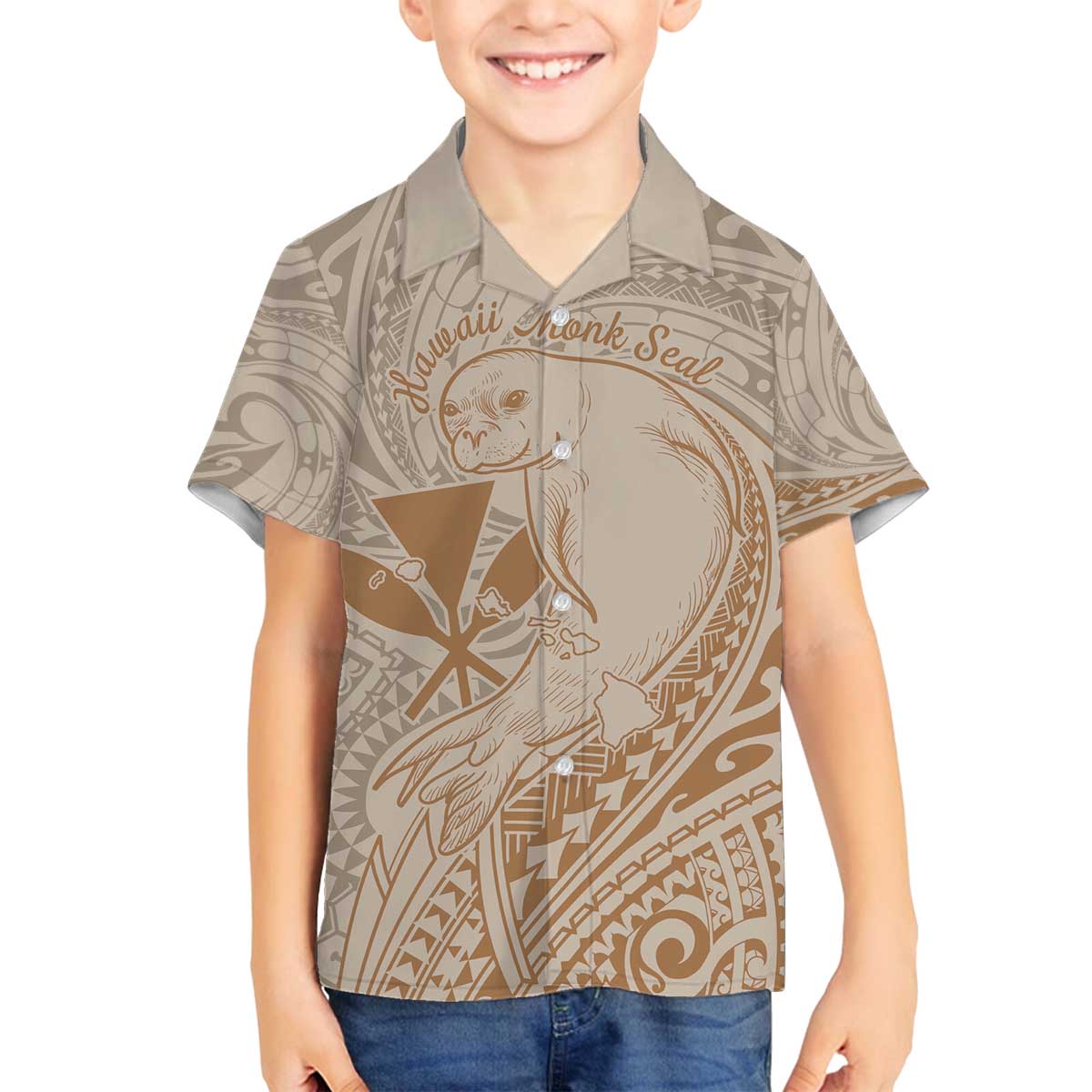 Hawaii Monk Seal and Map Family Matching Puletasi and Hawaiian Shirt Polynesian Kanaka Maoli Beige Vibe LT9 Son's Shirt Beige - Polynesian Pride