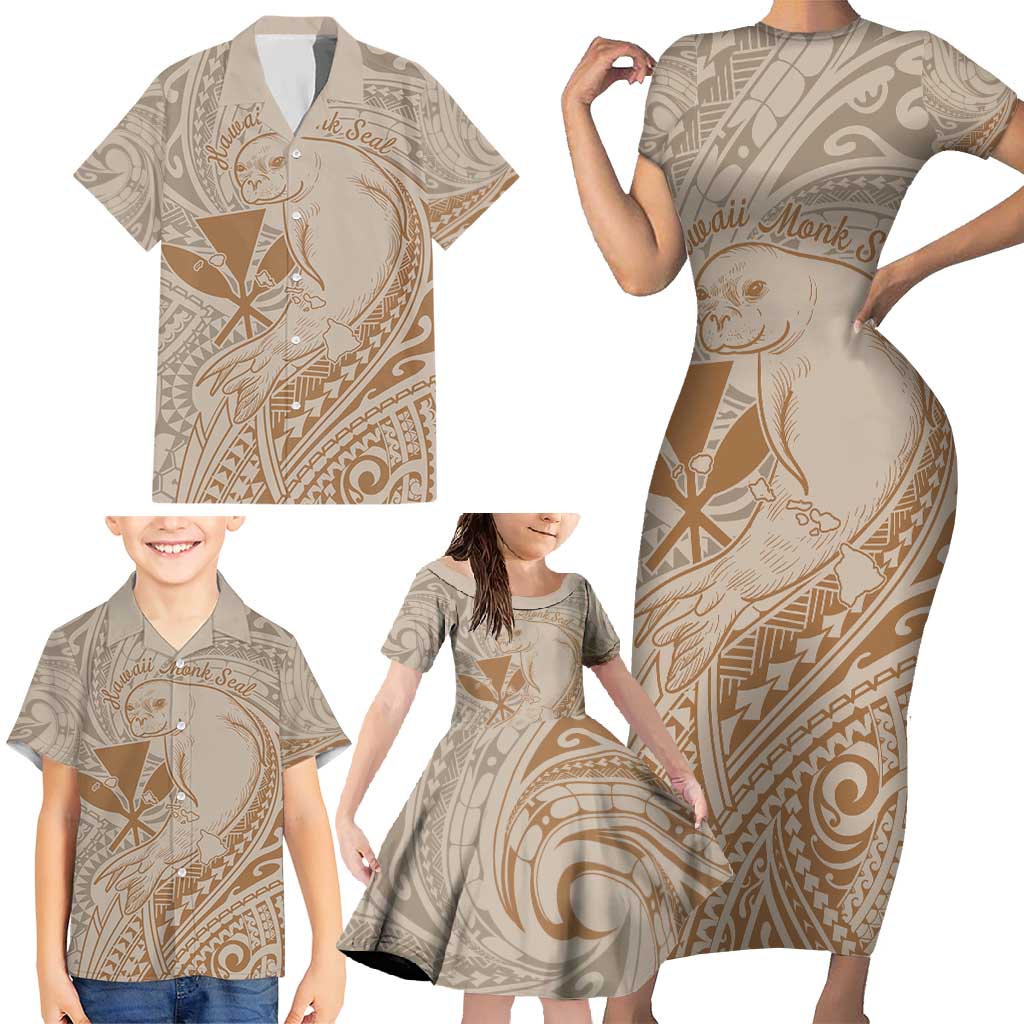 Hawaii Monk Seal and Map Family Matching Short Sleeve Bodycon Dress and Hawaiian Shirt Polynesian Kanaka Maoli Beige Vibe LT9 - Polynesian Pride