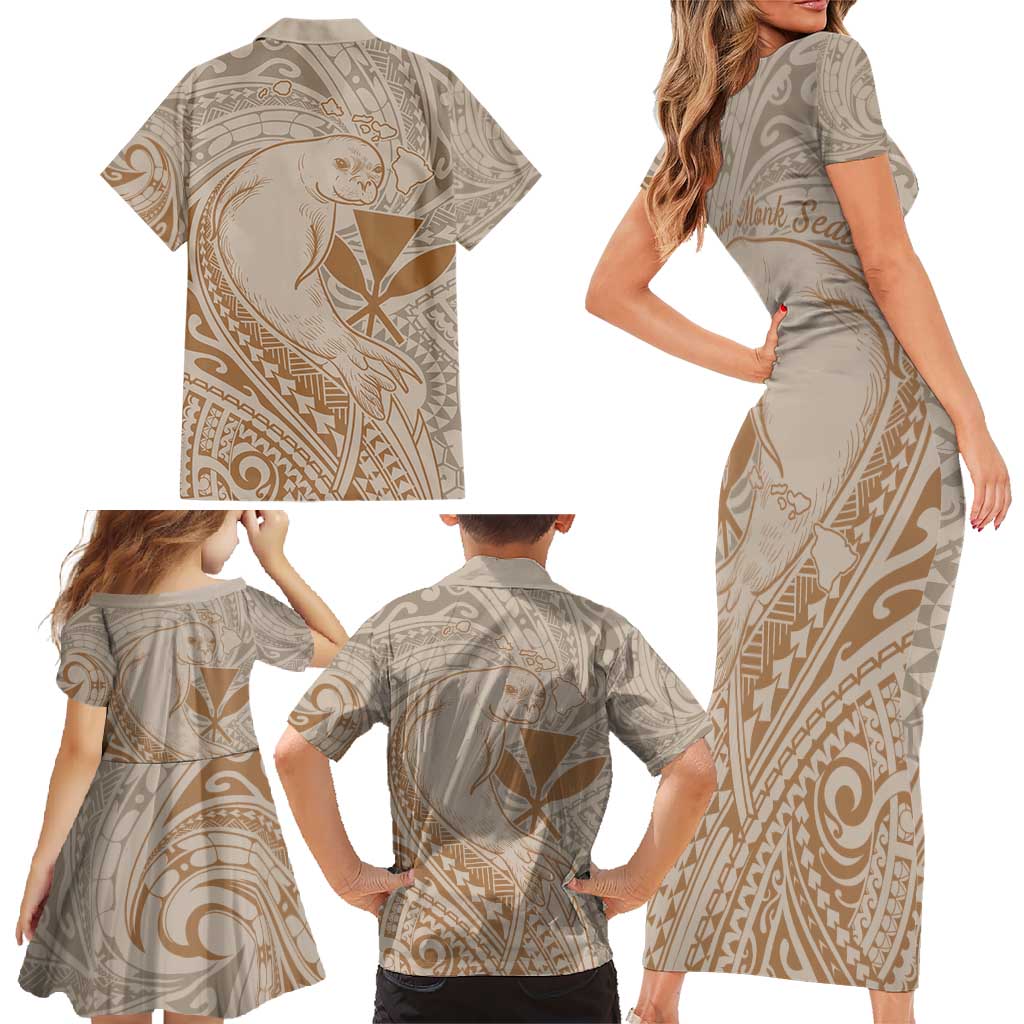 Hawaii Monk Seal and Map Family Matching Short Sleeve Bodycon Dress and Hawaiian Shirt Polynesian Kanaka Maoli Beige Vibe LT9 - Polynesian Pride