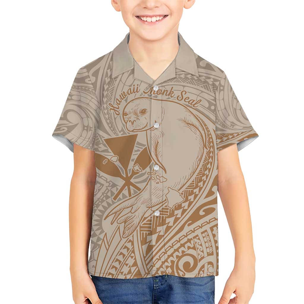 Hawaii Monk Seal and Map Family Matching Short Sleeve Bodycon Dress and Hawaiian Shirt Polynesian Kanaka Maoli Beige Vibe LT9 Son's Shirt Beige - Polynesian Pride