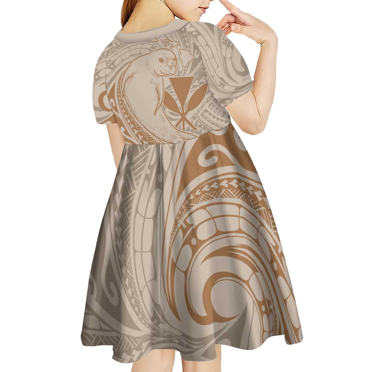 Hawaii Monk Seal and Map Kid Short Sleeve Dress Polynesian Kanaka Maoli Beige Vibe