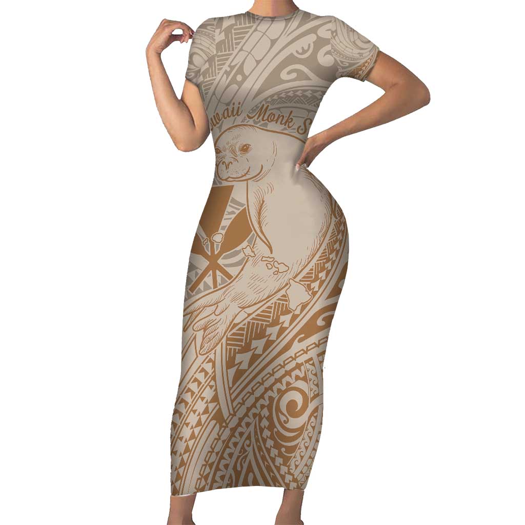 Hawaii Monk Seal and Map Short Sleeve Bodycon Dress Polynesian Kanaka Maoli Beige Vibe LT9 Long Dress Beige - Polynesian Pride