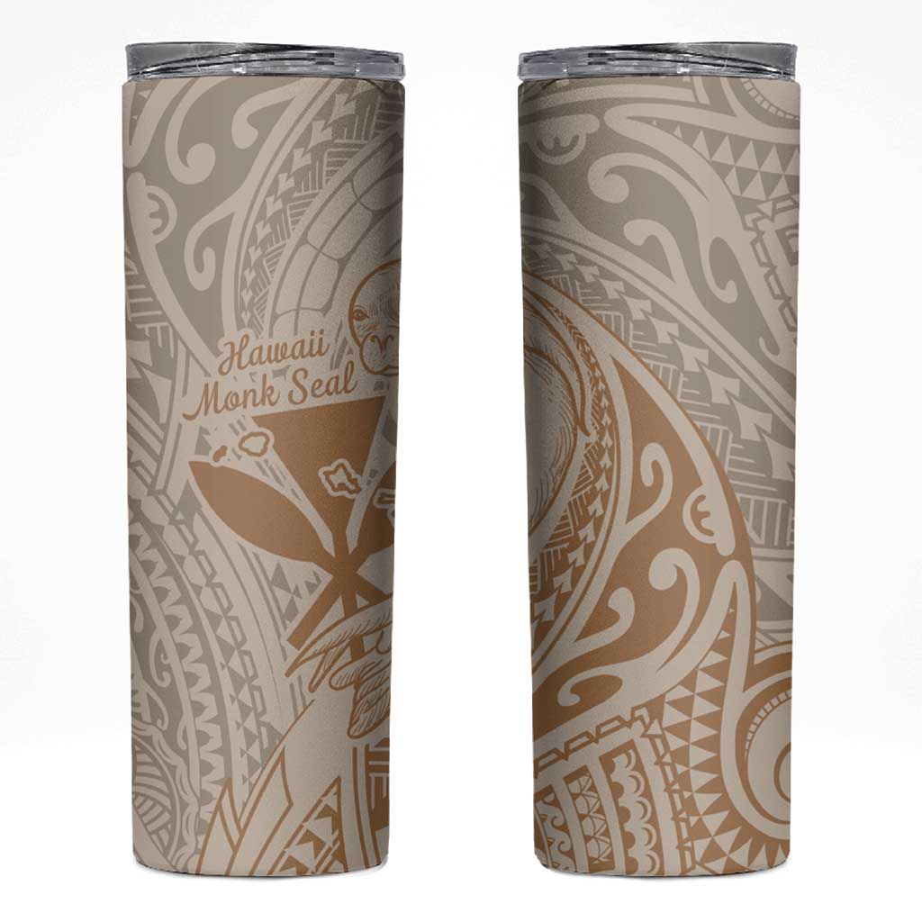 Hawaii Monk Seal and Map Skinny Tumbler Polynesian Kanaka Maoli Beige Vibe LT9 Beige - Polynesian Pride
