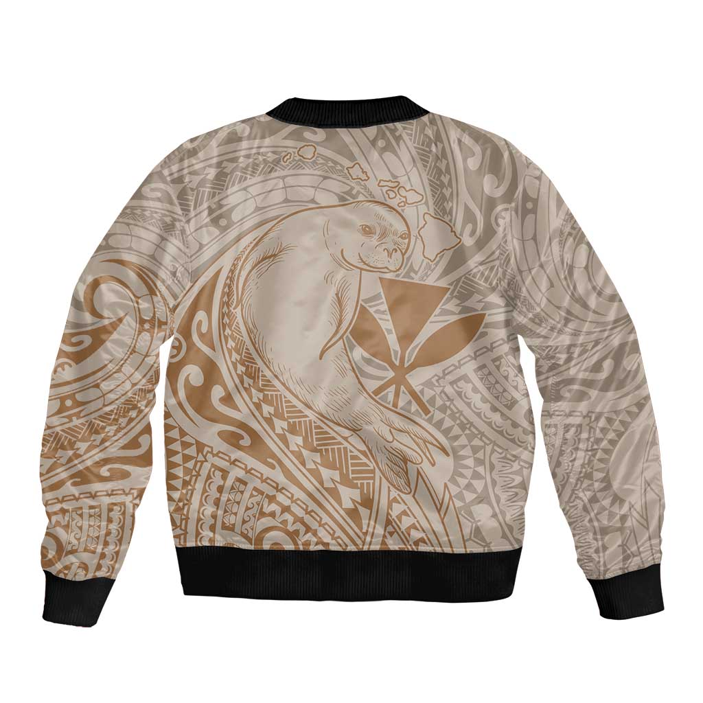 Hawaii Monk Seal and Map Sleeve Zip Bomber Jacket Polynesian Kanaka Maoli Beige Vibe
