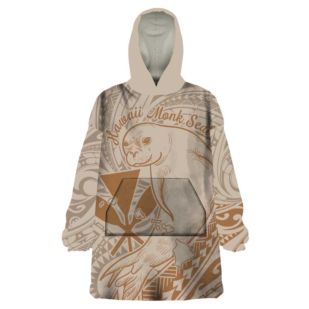 Hawaii Monk Seal and Map Wearable Blanket Hoodie Polynesian Kanaka Maoli Beige Vibe LT9 One Size Beige - Polynesian Pride
