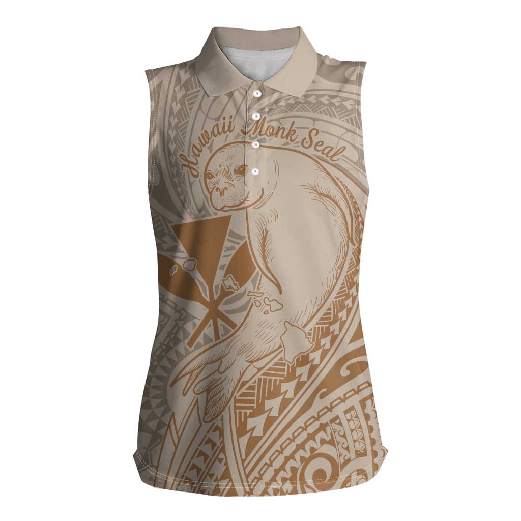 Hawaii Monk Seal and Map Women Sleeveless Polo Shirt Polynesian Kanaka Maoli Beige Vibe LT9 Female Beige - Polynesian Pride
