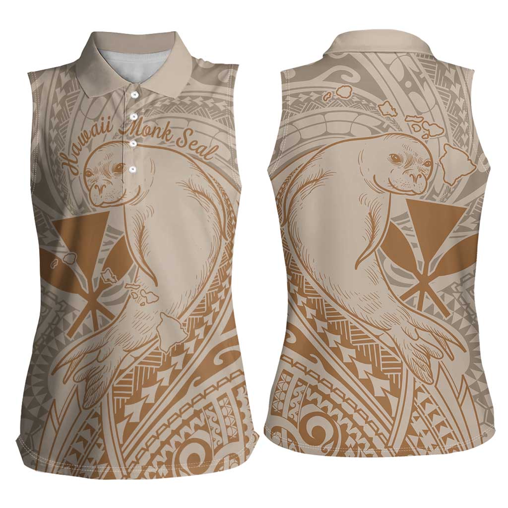 Hawaii Monk Seal and Map Women Sleeveless Polo Shirt Polynesian Kanaka Maoli Beige Vibe LT9 - Polynesian Pride