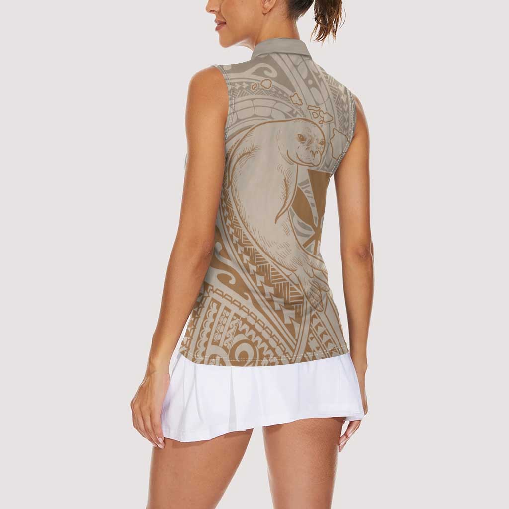Hawaii Monk Seal and Map Women Sleeveless Polo Shirt Polynesian Kanaka Maoli Beige Vibe LT9 - Polynesian Pride