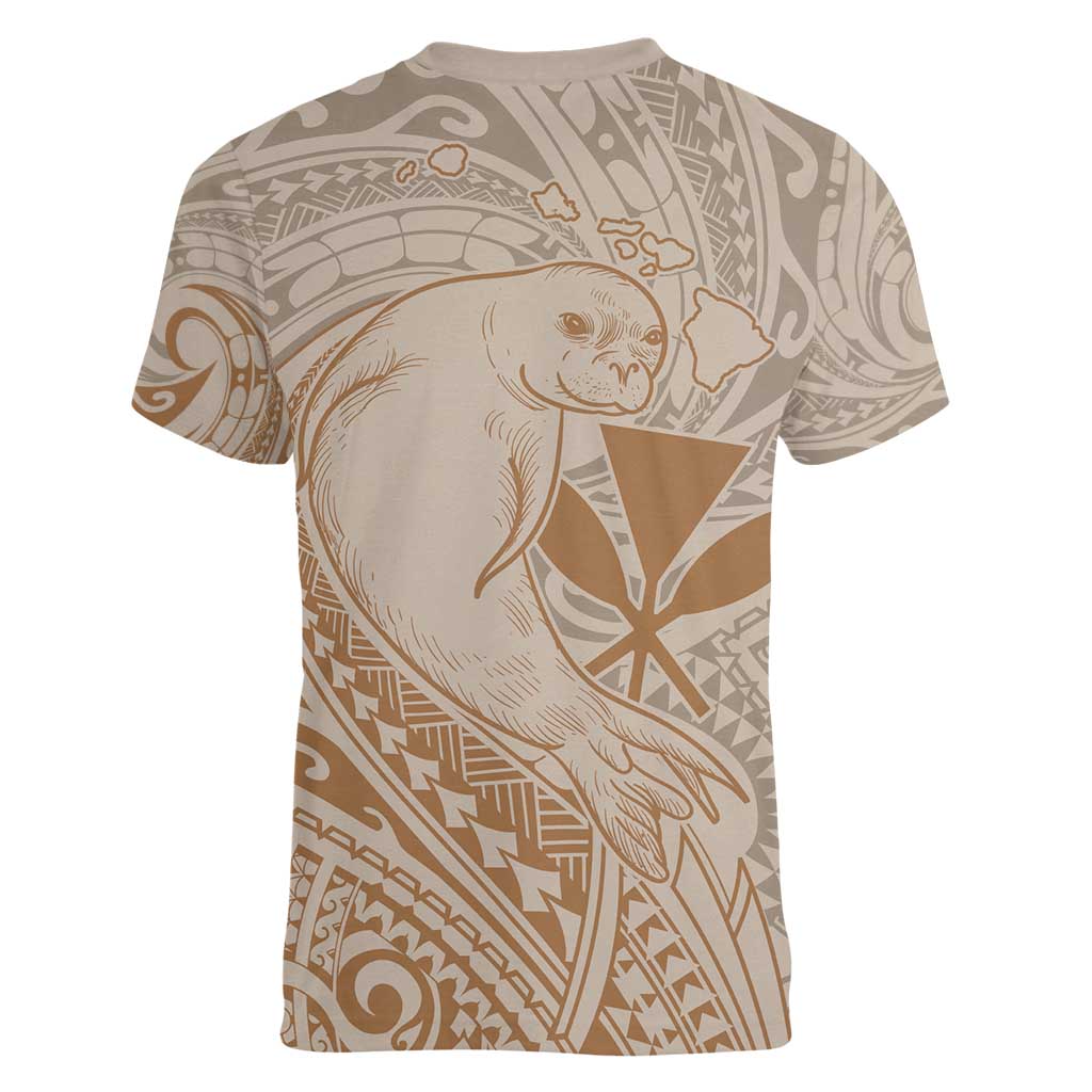 Hawaii Monk Seal and Map Women V-Neck T-Shirt Polynesian Kanaka Maoli Beige Vibe LT9 - Polynesian Pride