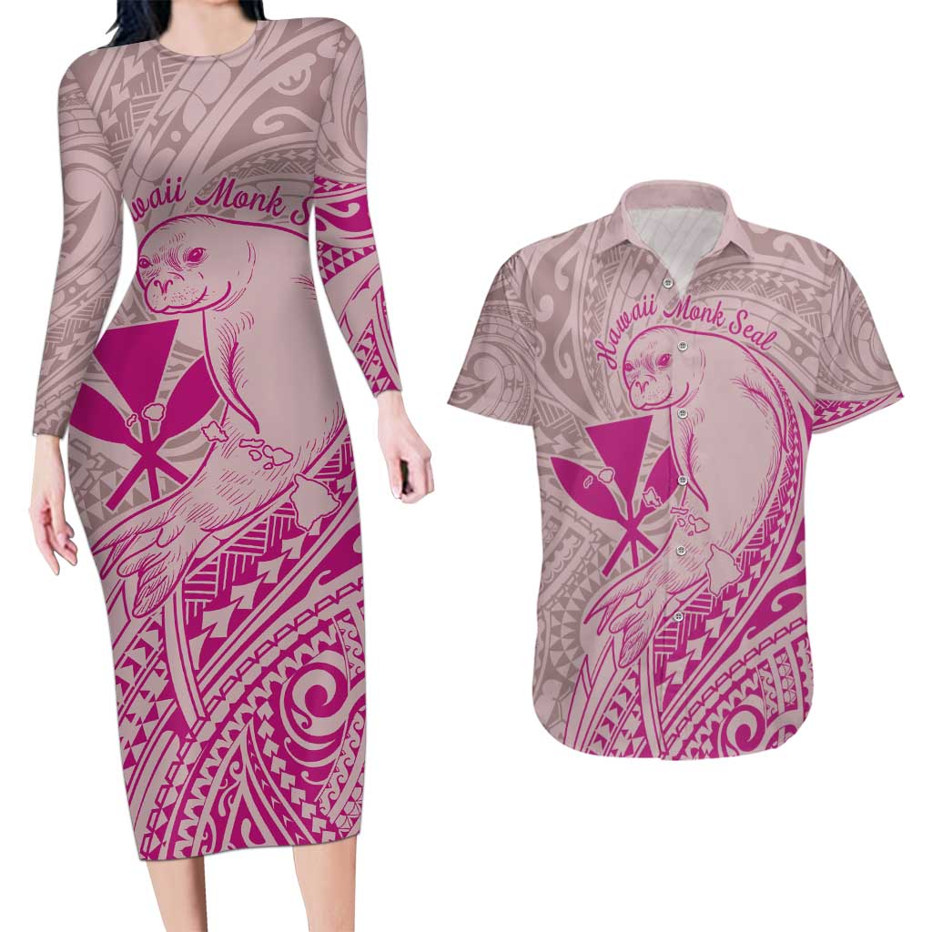 Hawaii Monk Seal and Map Couples Matching Long Sleeve Bodycon Dress and Hawaiian Shirt Polynesian Kanaka Maoli Pink Vibe LT9 Pink - Polynesian Pride