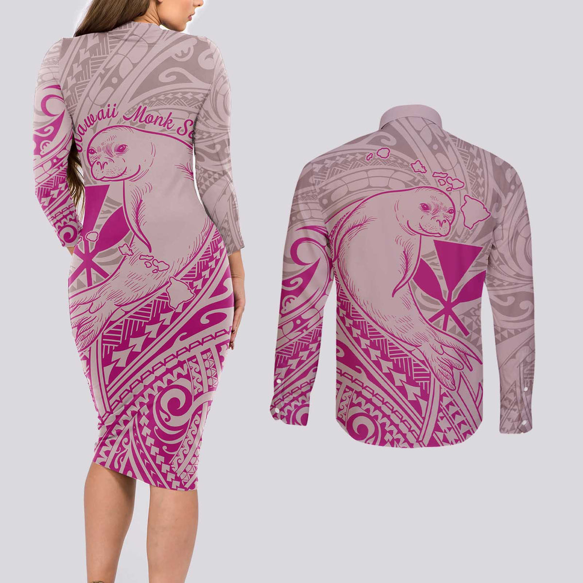 Hawaii Monk Seal and Map Couples Matching Long Sleeve Bodycon Dress and Long Sleeve Button Shirt Polynesian Kanaka Maoli Pink Vibe LT9 - Polynesian Pride