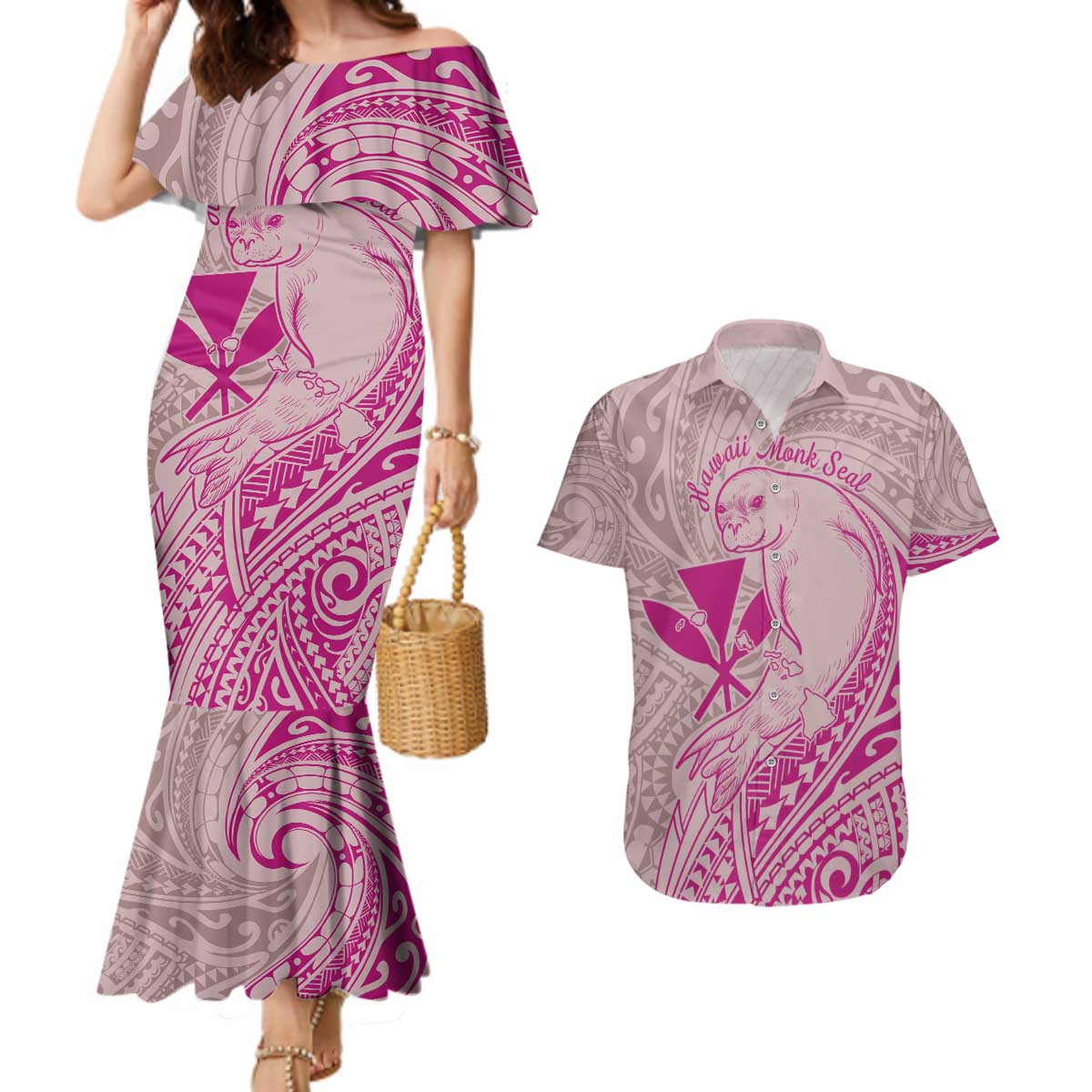 Hawaii Monk Seal and Map Couples Matching Mermaid Dress and Hawaiian Shirt Polynesian Kanaka Maoli Pink Vibe LT9 Pink - Polynesian Pride