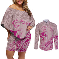Hawaii Monk Seal and Map Couples Matching Off Shoulder Short Dress and Long Sleeve Button Shirt Polynesian Kanaka Maoli Pink Vibe LT9 Pink - Polynesian Pride