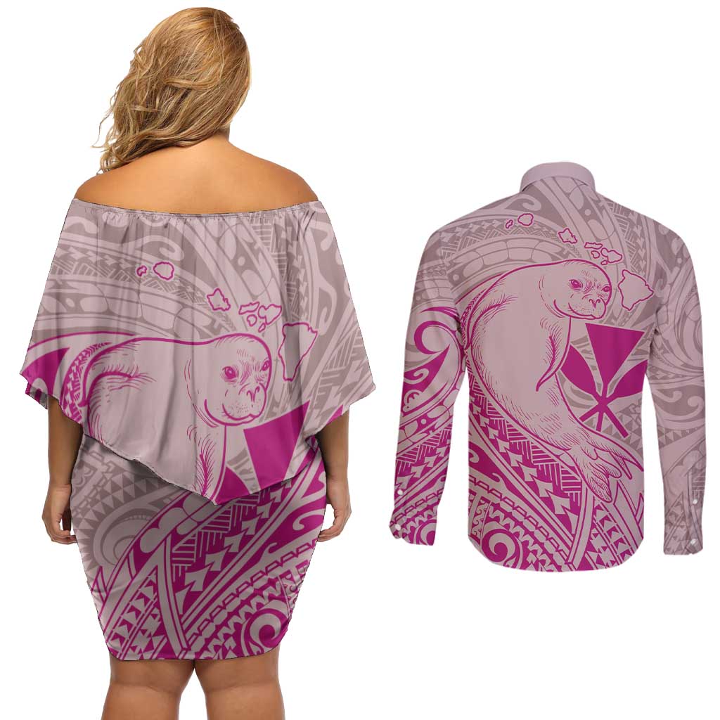 Hawaii Monk Seal and Map Couples Matching Off Shoulder Short Dress and Long Sleeve Button Shirt Polynesian Kanaka Maoli Pink Vibe LT9 - Polynesian Pride