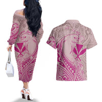 Hawaii Monk Seal and Map Couples Matching Off The Shoulder Long Sleeve Dress and Hawaiian Shirt Polynesian Kanaka Maoli Pink Vibe LT9 - Polynesian Pride