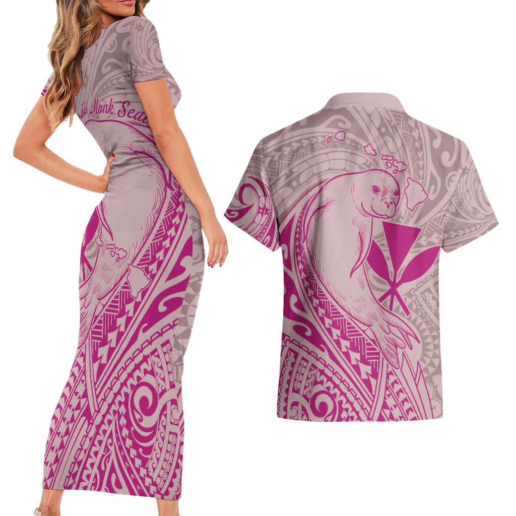 Hawaii Monk Seal and Map Couples Matching Short Sleeve Bodycon Dress and Hawaiian Shirt Polynesian Kanaka Maoli Pink Vibe LT9 - Polynesian Pride
