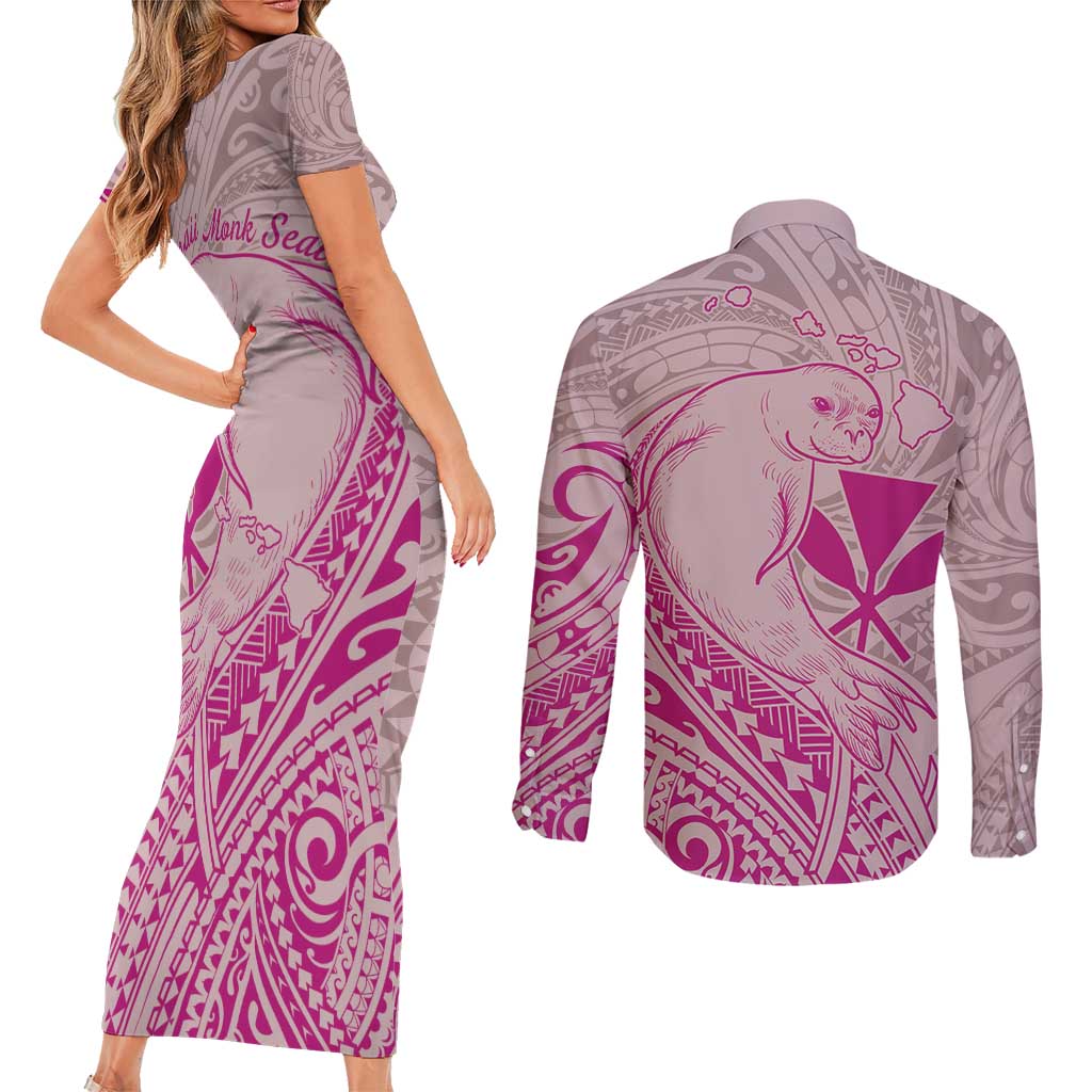 Hawaii Monk Seal and Map Couples Matching Short Sleeve Bodycon Dress and Long Sleeve Button Shirt Polynesian Kanaka Maoli Pink Vibe LT9 - Polynesian Pride