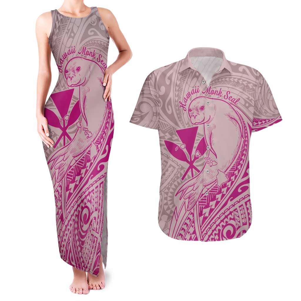 Hawaii Monk Seal and Map Couples Matching Tank Maxi Dress and Hawaiian Shirt Polynesian Kanaka Maoli Pink Vibe LT9 Pink - Polynesian Pride