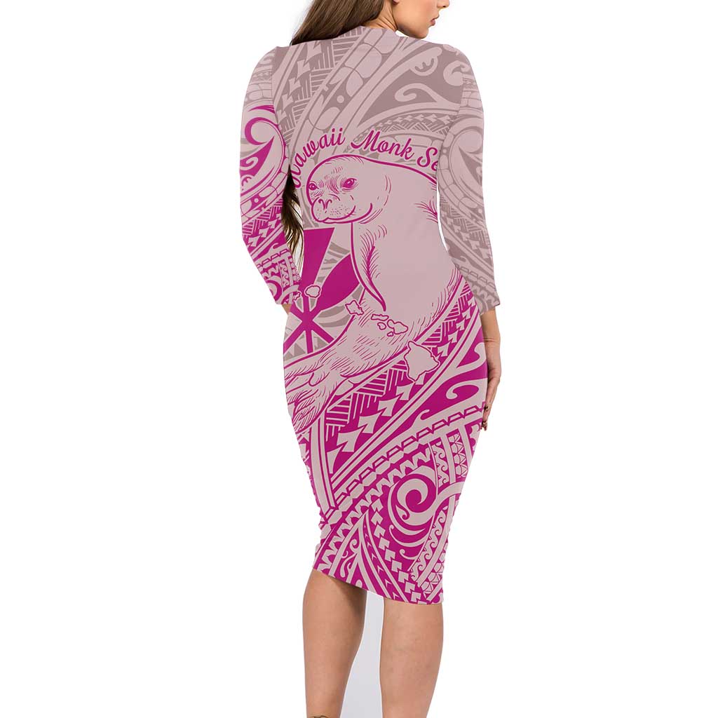 Hawaii Monk Seal and Map Family Matching Long Sleeve Bodycon Dress and Hawaiian Shirt Polynesian Kanaka Maoli Pink Vibe LT9 - Polynesian Pride