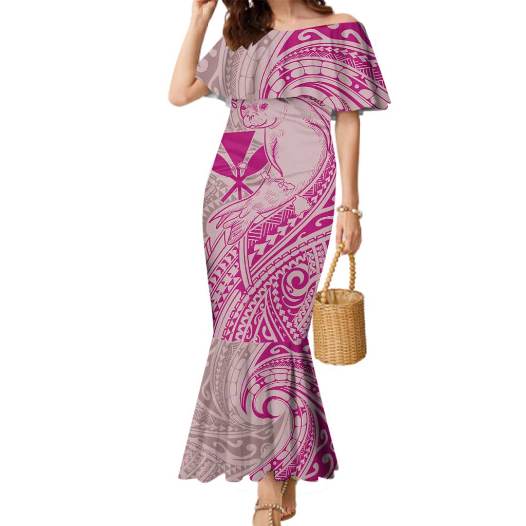 Hawaii Monk Seal and Map Family Matching Mermaid Dress and Hawaiian Shirt Polynesian Kanaka Maoli Pink Vibe LT9 Mom's Dress Pink - Polynesian Pride
