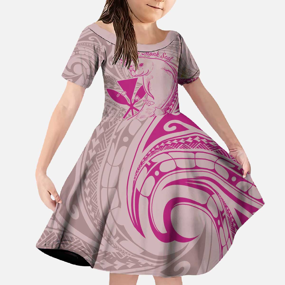 Hawaii Monk Seal and Map Family Matching Off The Shoulder Long Sleeve Dress and Hawaiian Shirt Polynesian Kanaka Maoli Pink Vibe LT9 Daughter's Dress Pink - Polynesian Pride