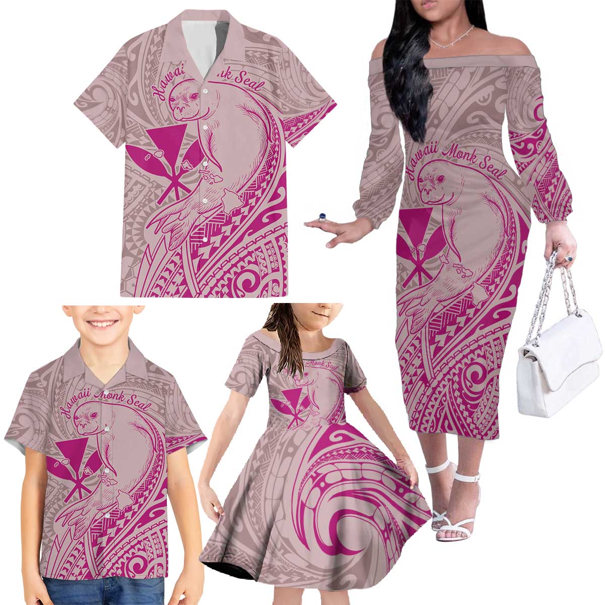 Hawaii Monk Seal and Map Family Matching Off The Shoulder Long Sleeve Dress and Hawaiian Shirt Polynesian Kanaka Maoli Pink Vibe LT9 - Polynesian Pride