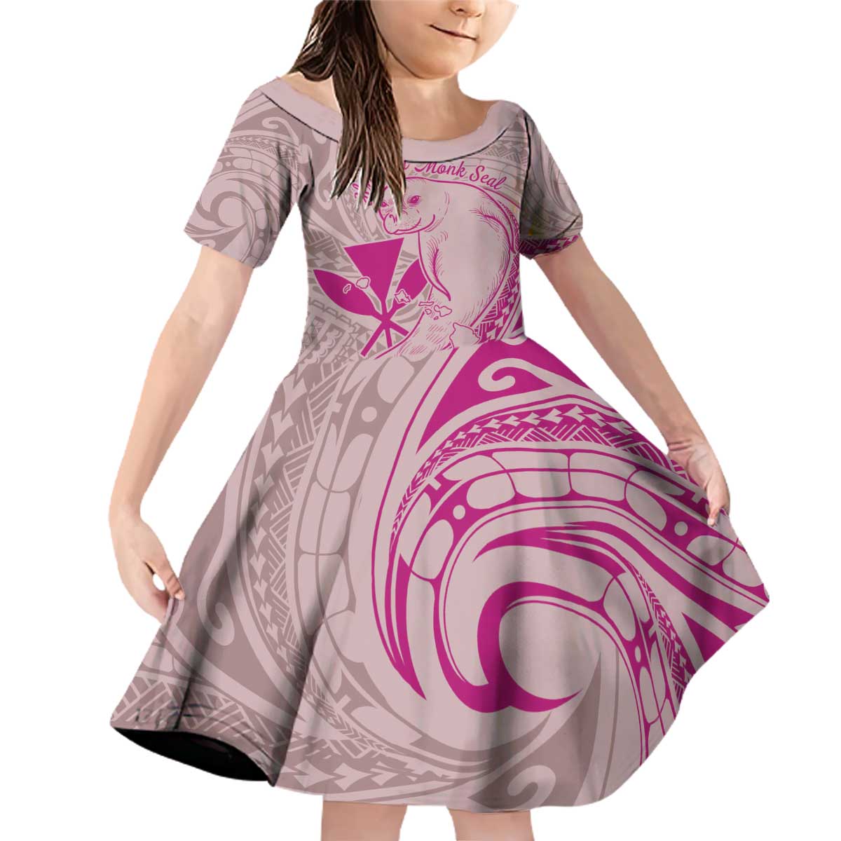 Hawaii Monk Seal and Map Family Matching Off Shoulder Short Dress and Hawaiian Shirt Polynesian Kanaka Maoli Pink Vibe LT9 Daughter's Dress Pink - Polynesian Pride