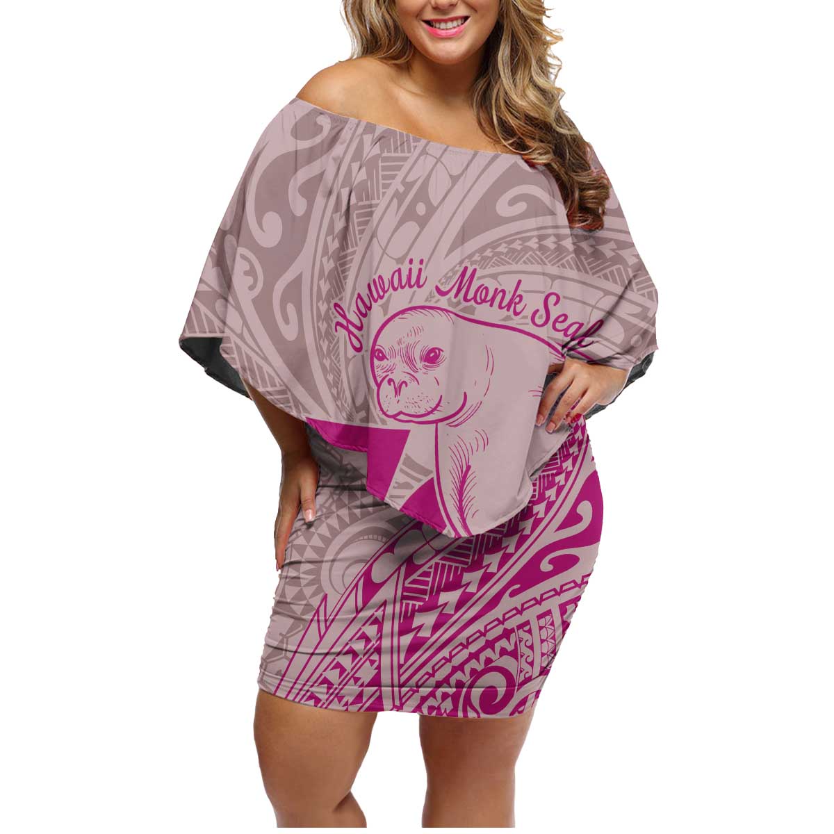 Hawaii Monk Seal and Map Family Matching Off Shoulder Short Dress and Hawaiian Shirt Polynesian Kanaka Maoli Pink Vibe LT9 Mom's Dress Pink - Polynesian Pride