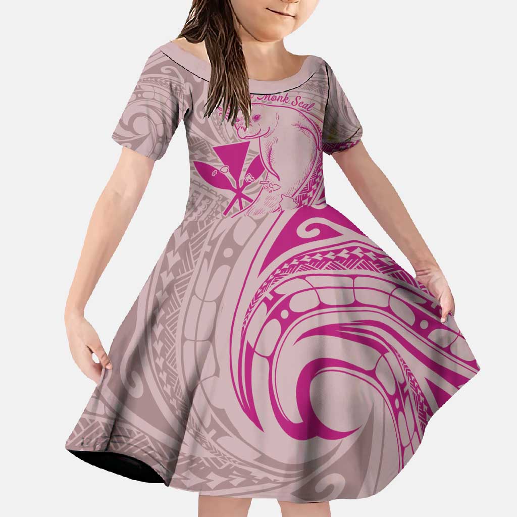 Hawaii Monk Seal and Map Family Matching Short Sleeve Bodycon Dress and Hawaiian Shirt Polynesian Kanaka Maoli Pink Vibe LT9 Daughter's Dress Pink - Polynesian Pride