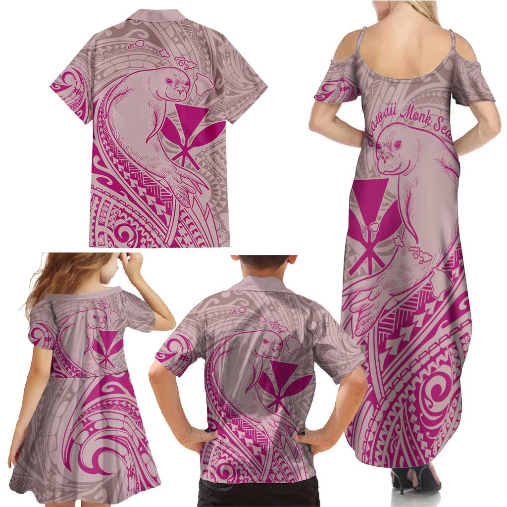 Hawaii Monk Seal and Map Family Matching Summer Maxi Dress and Hawaiian Shirt Polynesian Kanaka Maoli Pink Vibe LT9 - Polynesian Pride