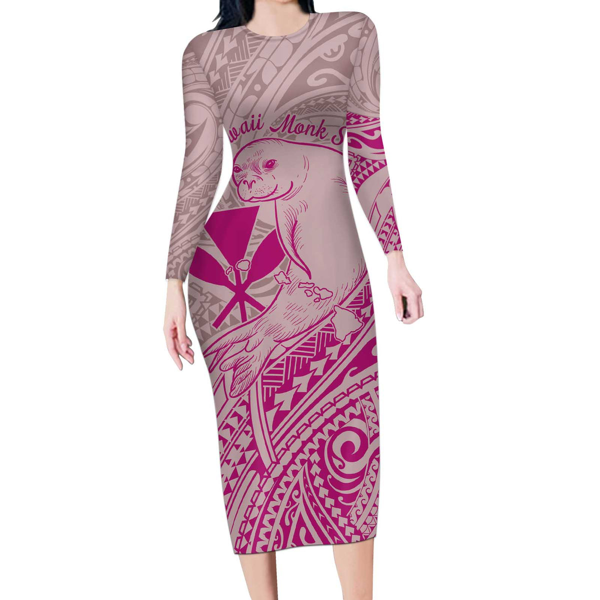 Hawaii Monk Seal and Map Long Sleeve Bodycon Dress Polynesian Kanaka Maoli Pink Vibe LT9 Long Dress Pink - Polynesian Pride