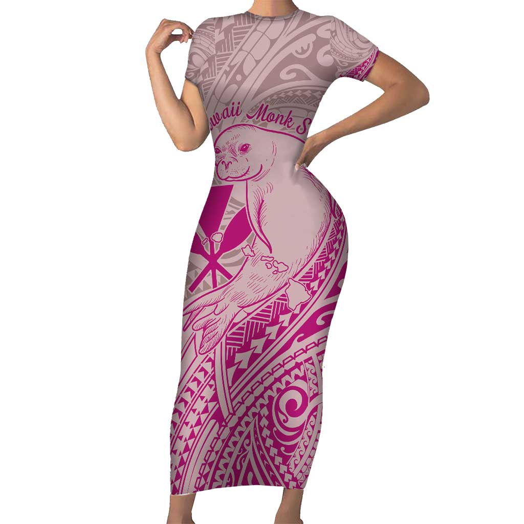 Hawaii Monk Seal and Map Short Sleeve Bodycon Dress Polynesian Kanaka Maoli Pink Vibe LT9 Long Dress Pink - Polynesian Pride