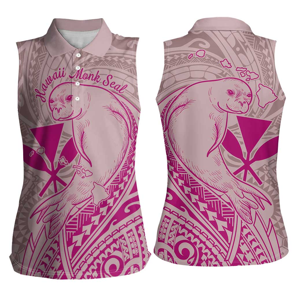 Hawaii Monk Seal and Map Women Sleeveless Polo Shirt Polynesian Kanaka Maoli Pink Vibe LT9 - Polynesian Pride