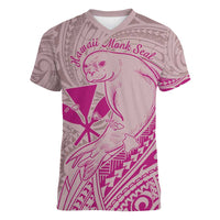 Hawaii Monk Seal and Map Women V-Neck T-Shirt Polynesian Kanaka Maoli Pink Vibe LT9 Female Pink - Polynesian Pride