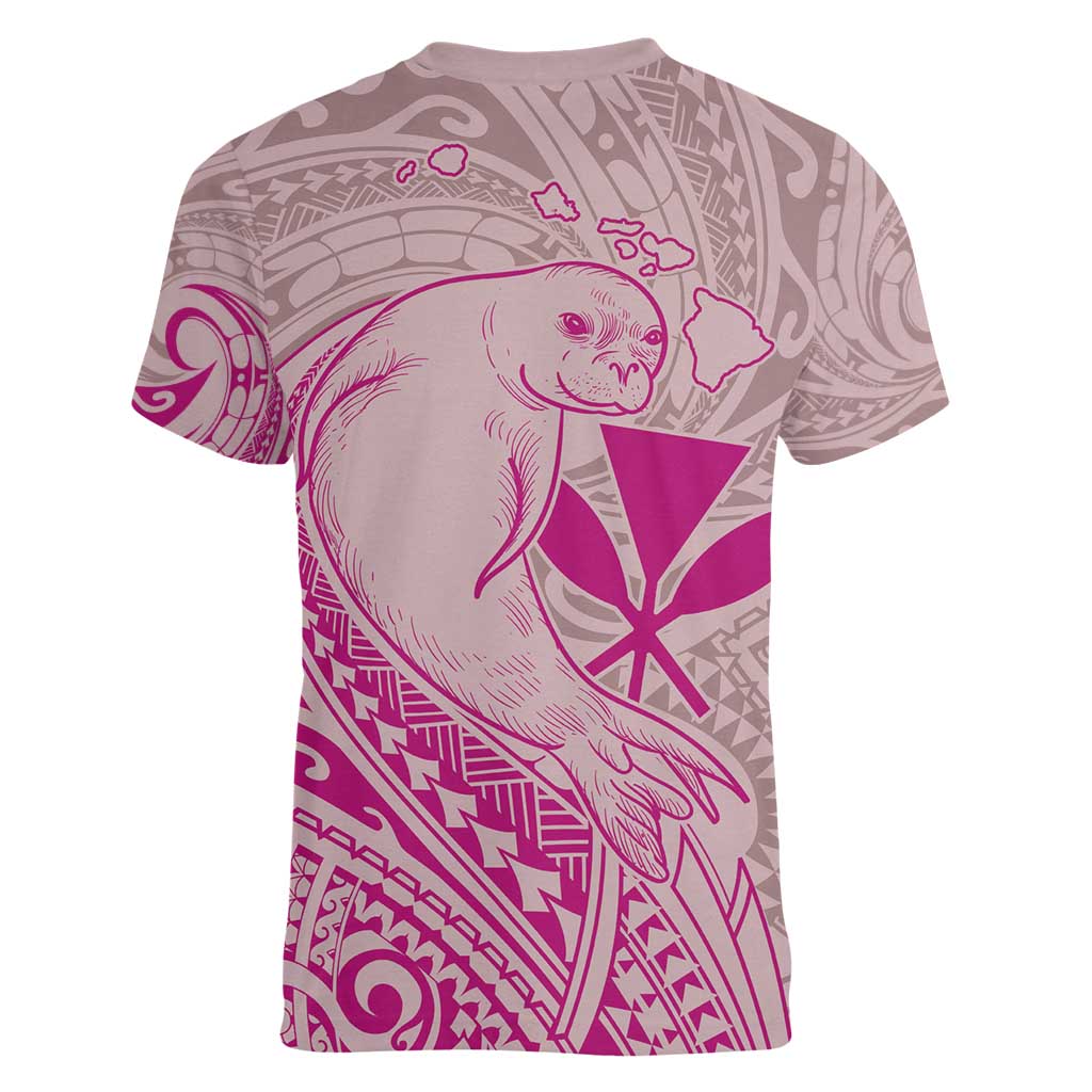 Hawaii Monk Seal and Map Women V-Neck T-Shirt Polynesian Kanaka Maoli Pink Vibe LT9 - Polynesian Pride
