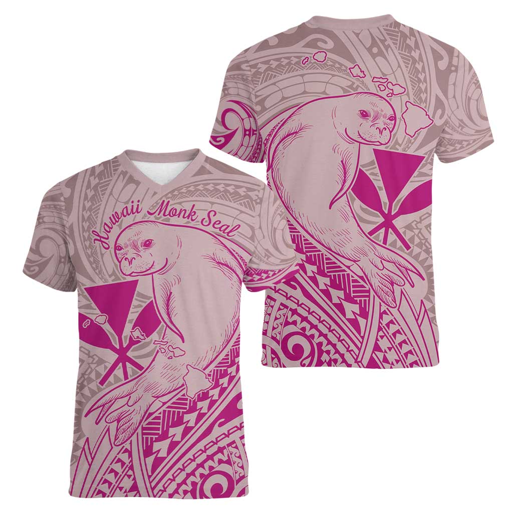 Hawaii Monk Seal and Map Women V-Neck T-Shirt Polynesian Kanaka Maoli Pink Vibe LT9 - Polynesian Pride