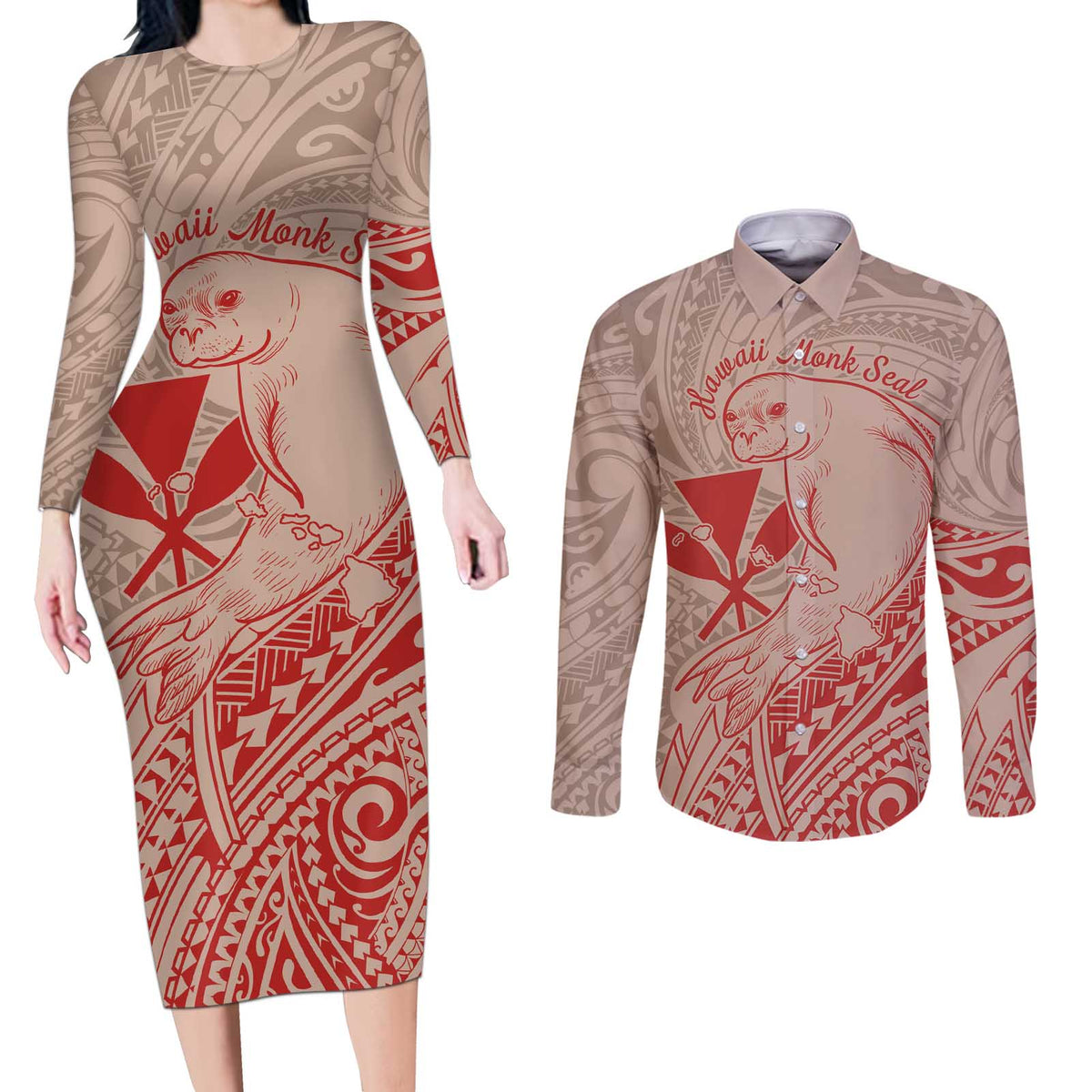 Hawaii Monk Seal and Map Couples Matching Long Sleeve Bodycon Dress and Long Sleeve Button Shirt Polynesian Kanaka Maoli Red Vibe LT9 Red - Polynesian Pride