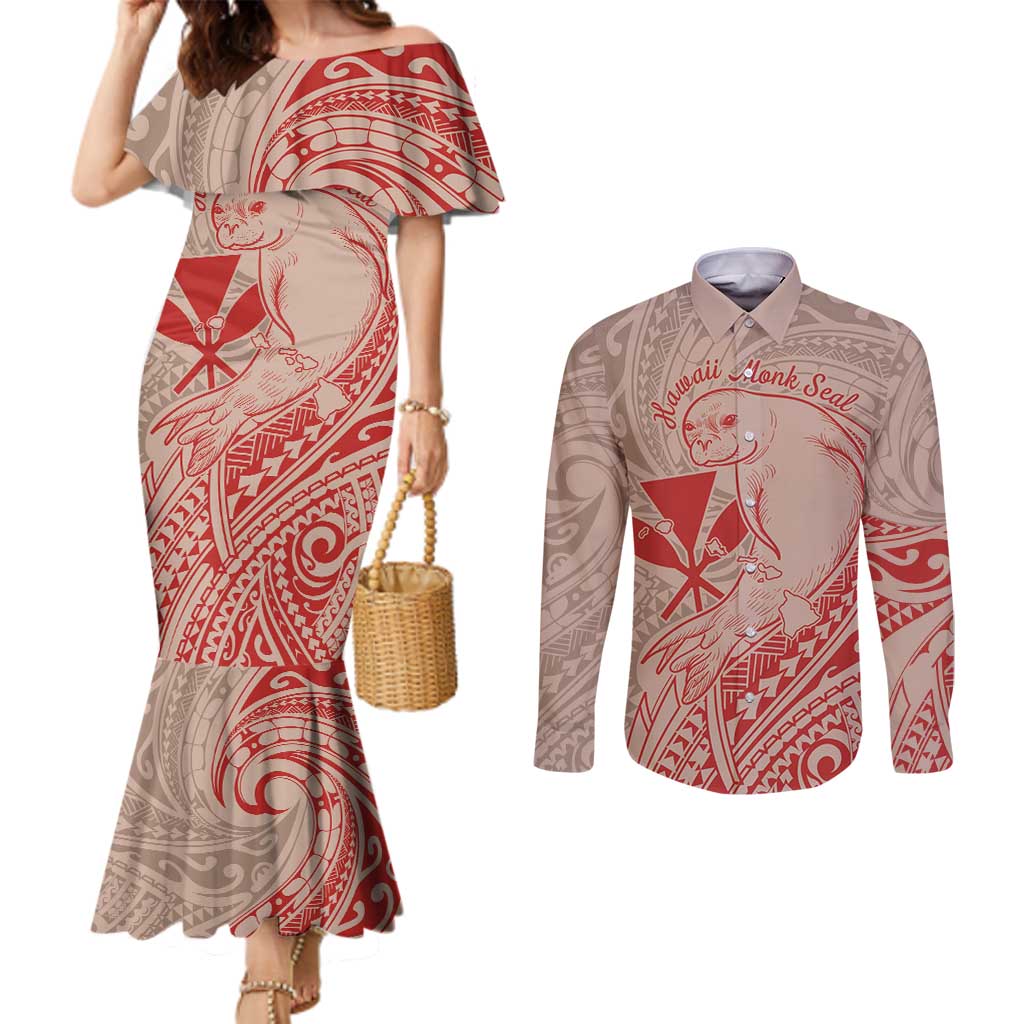 Hawaii Monk Seal and Map Couples Matching Mermaid Dress and Long Sleeve Button Shirt Polynesian Kanaka Maoli Red Vibe LT9 Red - Polynesian Pride