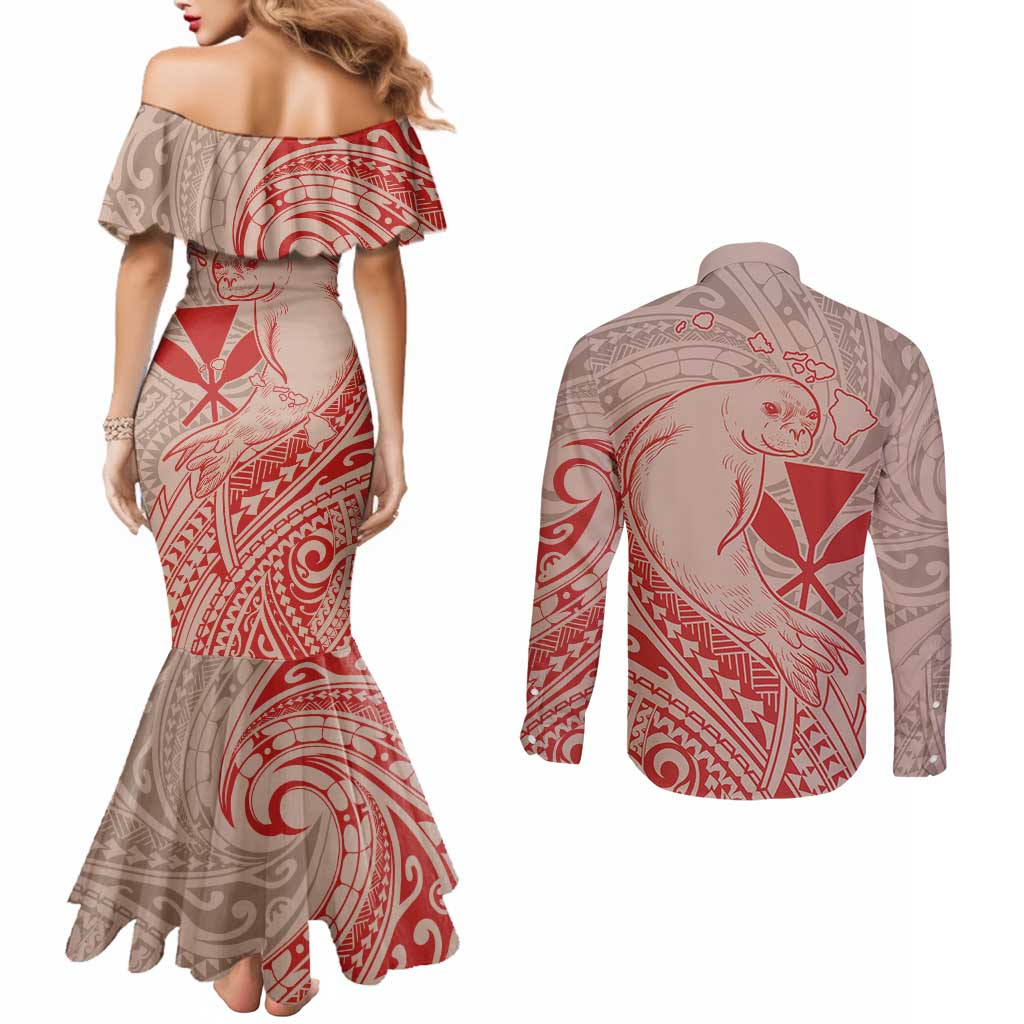 Hawaii Monk Seal and Map Couples Matching Mermaid Dress and Long Sleeve Button Shirt Polynesian Kanaka Maoli Red Vibe LT9 - Polynesian Pride