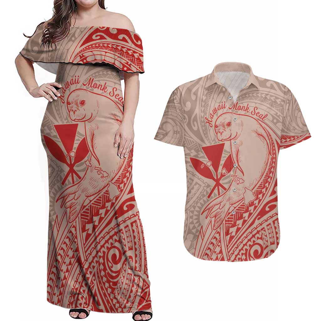 Hawaii Monk Seal and Map Couples Matching Off Shoulder Maxi Dress and Hawaiian Shirt Polynesian Kanaka Maoli Red Vibe LT9 Red - Polynesian Pride