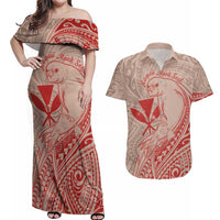 Hawaii Monk Seal and Map Couples Matching Off Shoulder Maxi Dress and Hawaiian Shirt Polynesian Kanaka Maoli Red Vibe LT9 Red - Polynesian Pride
