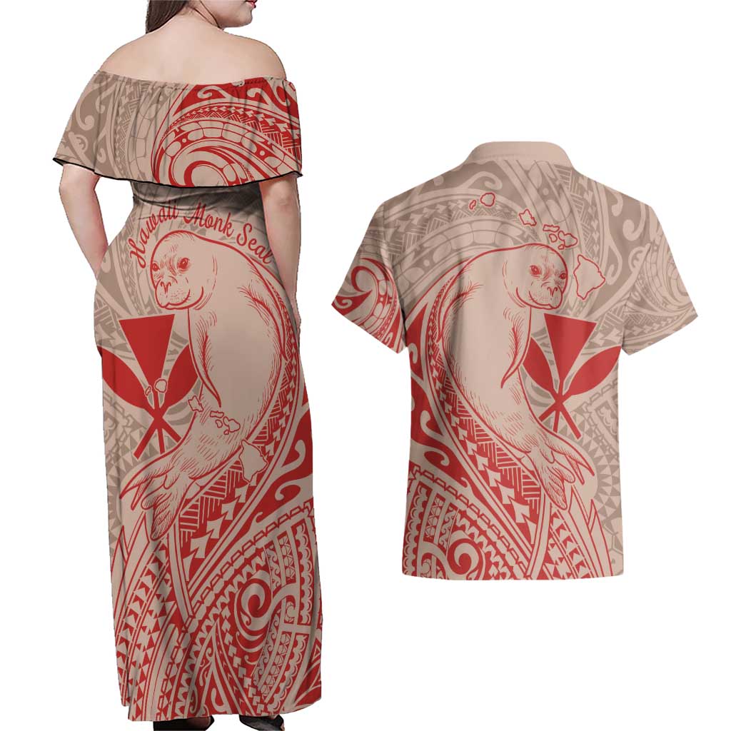 Hawaii Monk Seal and Map Couples Matching Off Shoulder Maxi Dress and Hawaiian Shirt Polynesian Kanaka Maoli Red Vibe LT9 - Polynesian Pride