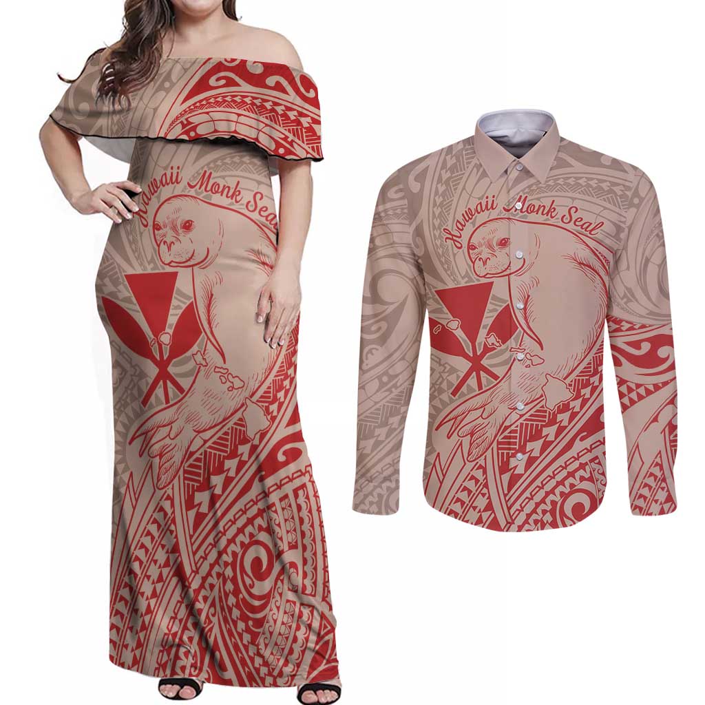 Hawaii Monk Seal and Map Couples Matching Off Shoulder Maxi Dress and Long Sleeve Button Shirt Polynesian Kanaka Maoli Red Vibe LT9 Red - Polynesian Pride
