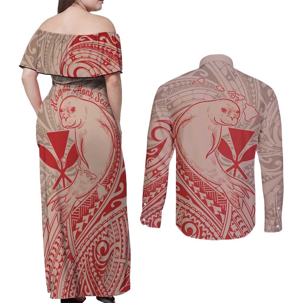 Hawaii Monk Seal and Map Couples Matching Off Shoulder Maxi Dress and Long Sleeve Button Shirt Polynesian Kanaka Maoli Red Vibe LT9 - Polynesian Pride