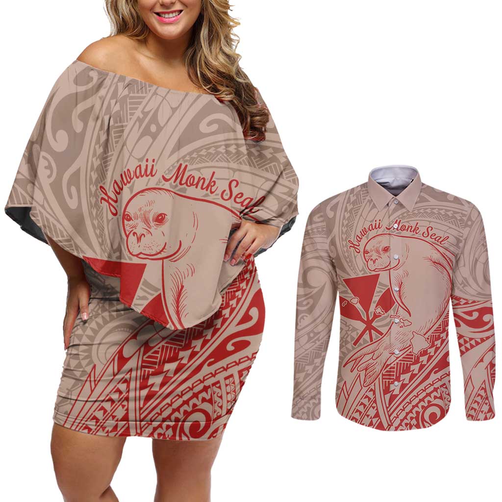 Hawaii Monk Seal and Map Couples Matching Off Shoulder Short Dress and Long Sleeve Button Shirt Polynesian Kanaka Maoli Red Vibe LT9 Red - Polynesian Pride