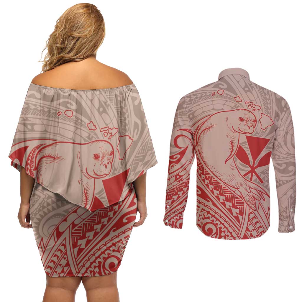Hawaii Monk Seal and Map Couples Matching Off Shoulder Short Dress and Long Sleeve Button Shirt Polynesian Kanaka Maoli Red Vibe LT9 - Polynesian Pride